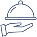 Icon of a hand holding a covered food platter, representing food service or hospitality.