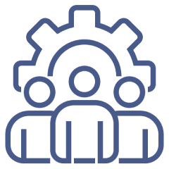 Icon of three people in front of a gear, symbolizing teamwork and collaboration.