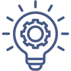 Blue line art icon of a light bulb with a gear inside, symbolizing innovation or technical ideas.